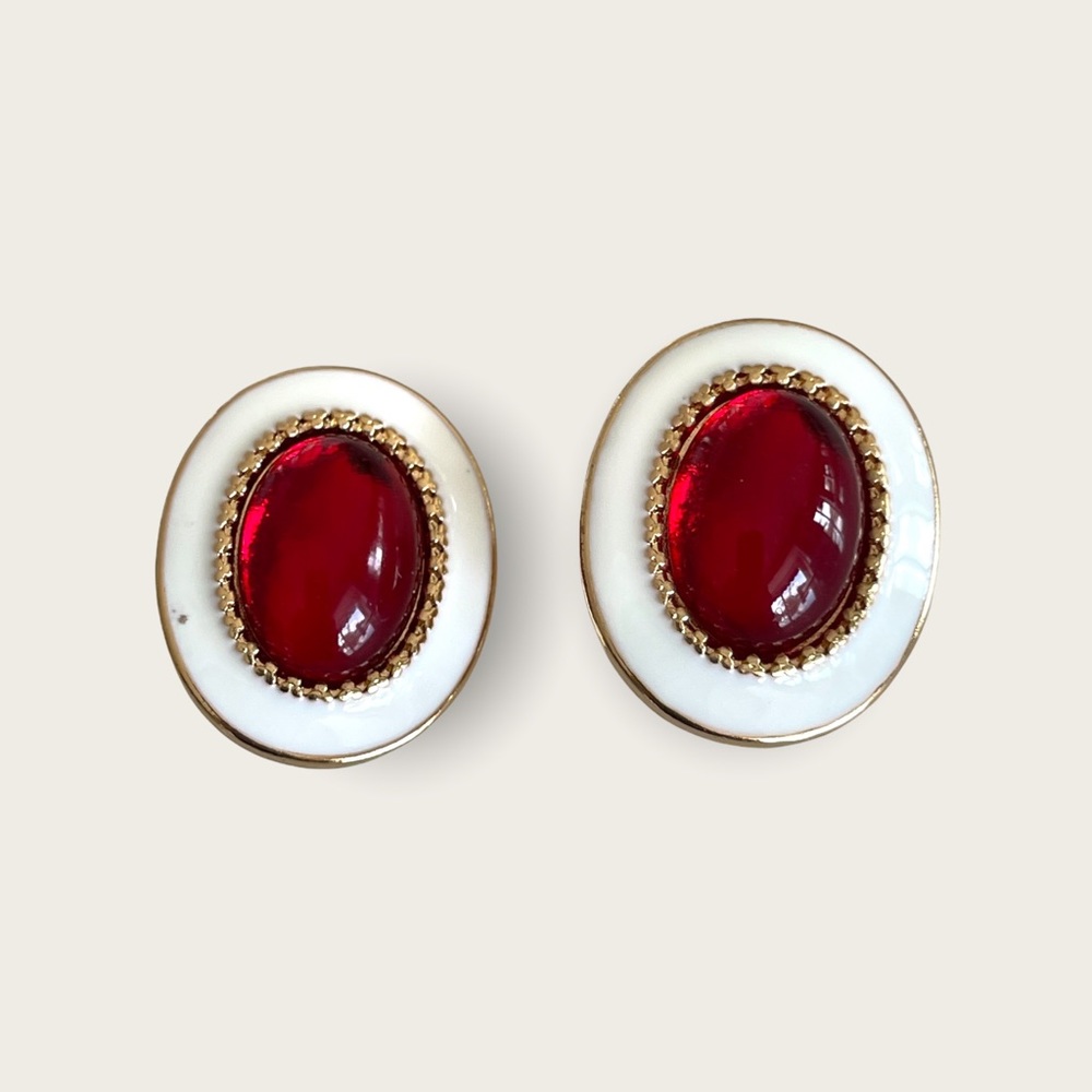 Monet red cabochon white enameled clip stud